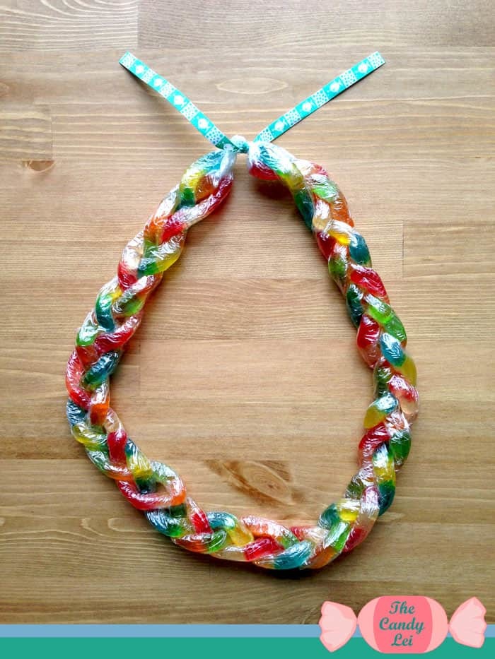 Completed gummy worm candy lei