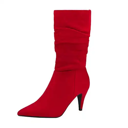 DREAM PAIRS Women's Red Suede High Heel Mid Calf Boots