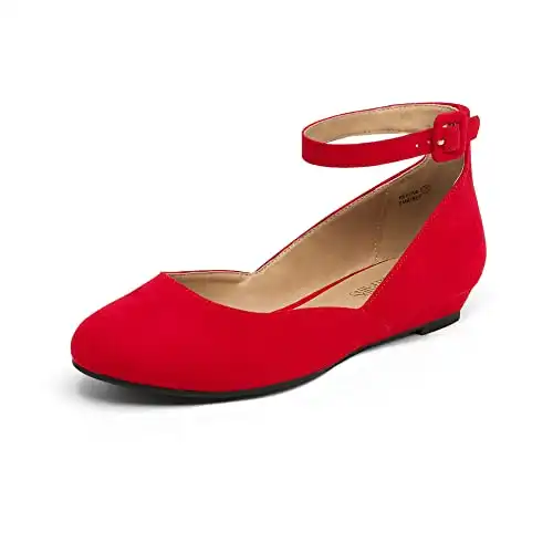 Women's Revona Red Suede Low Wedge Ankle Strap Flats
