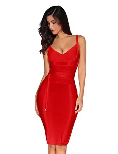 meilun Womens Rayon Belt Detail Bandage Bodycon Party Dress (L, Red)