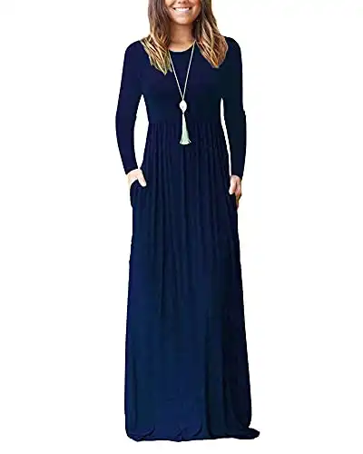 AUSELILY Women's Long Sleeve Crew Neck Long Maxi Casual Loose Dress (L, Navy Blue)