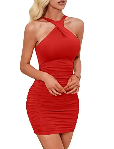 Kaximil Women's Sexy Ruched Sleeveless Criss Cross Bodycon Club Party Short Mini Dresses, Small, Red