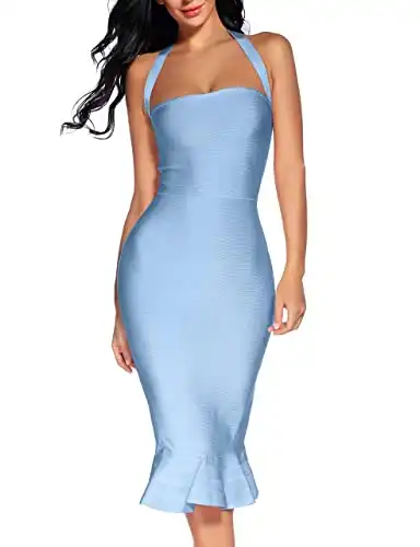 houstil Women's V Neck Halter Fishtail Bandage Bodycon Dress Party (S, Ice Blue)