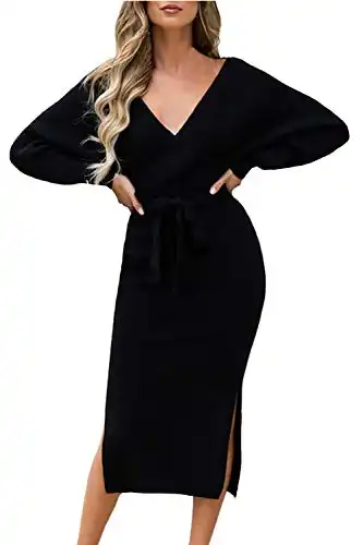 Viottiset Women's V Neck Batwing Long Sleeve Sexy Elegant Backless Wrap Bodycon Holiday Cocktail Slit Long Midi Knitted Sweater Dress with Belt Black Small