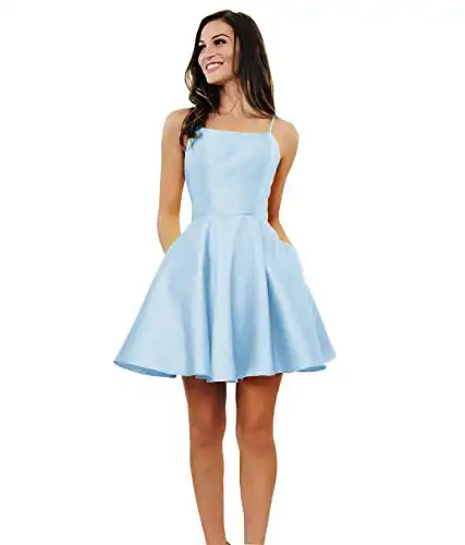 Women's Spaghetti Strap Short Homecoming Dresses for Teens Open Back Satin Graduation Dress with Pockets Light Blue US4