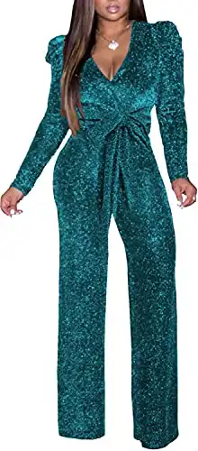 HugeNice Sexy Sequin Jumpsuits for Women Cyan Clubwear Deep V Neck Long Sleeve Wide Leg Pants Rompers with Belt