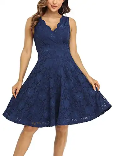 MISS MOLY Women Floral Lace Overlay Fit and Flare Graduation Dress Elegant V Neck Knee Length Skater Dress Blue S