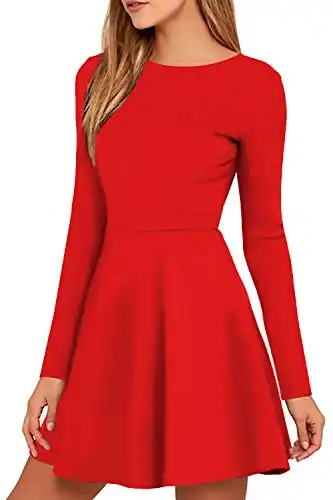 Jusfitsu Womens Long Sleeve Dress Casual Simple Dresses A-Line Midi Length Skirt Slim Fit Skater Dress Red 2XL