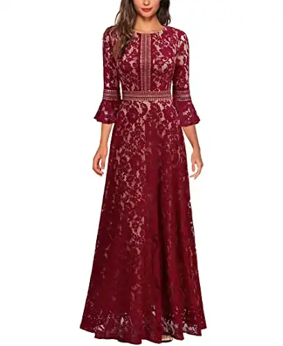 MISSMAY Women's Vintage Full Lace Contrast Bell Sleeve Formal Long Dress (XX-Large, B-Red)
