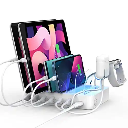 SooPii Premium 6-Port USB Charging Station Organizer for Multiple Devices, 6 Short Charging Cables and One Upgraded i-Watch Charger Holder Included, for Phones, Tablets, and Other Electronics, White