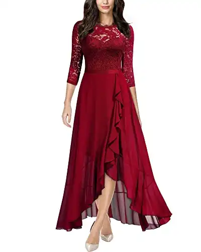 Miusol Women's Elegant Floral Lace Ruffle Bridesmaid Maxi Dress (XX-Large, Red)