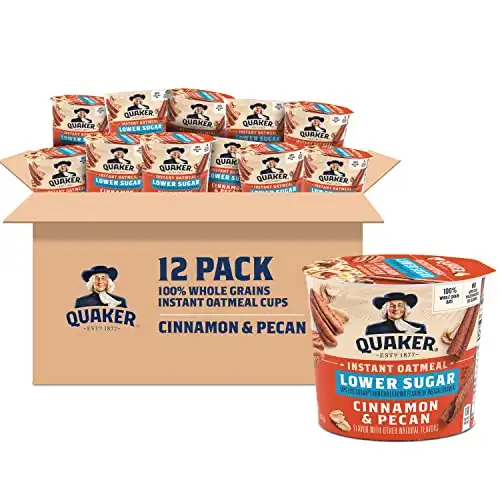 Quaker Instant Oatmeal Express Cups 50% Less Sugar, Cinnamon Pecan, 1.41 Ounce (Pack of 12)