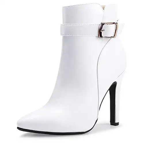IDIFU Women's DANA Pointed Toe Stiletto High Heels Ankle Booties Side zipper Short White Boots for Graduation