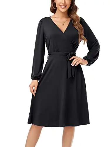 HUSKARY Women Black Fall Dress Long Sleeve Wrap Dress V Neck Vintage Midi Dresses with Pocket