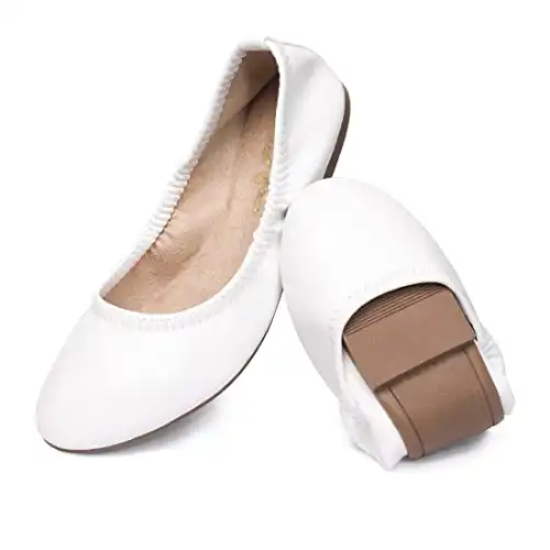 LM Women's Ballet Flats Round Toe Slip On Flats Shoes Casual Dress Shoes Foldable Portable Travel Ballet Flat (10, White)