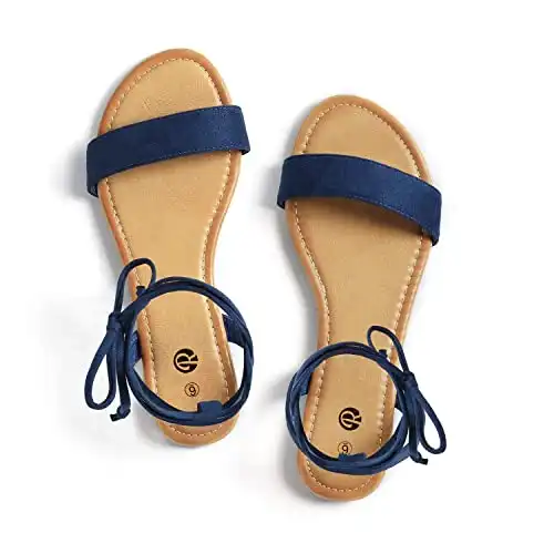 Rekayla Open Toe Tie Up Ankle Wrap Flat Sandals for Women Navy Blue for Graduation