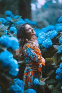 large blue flowers with high school senior