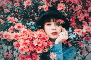 portrait with pink spring flowers